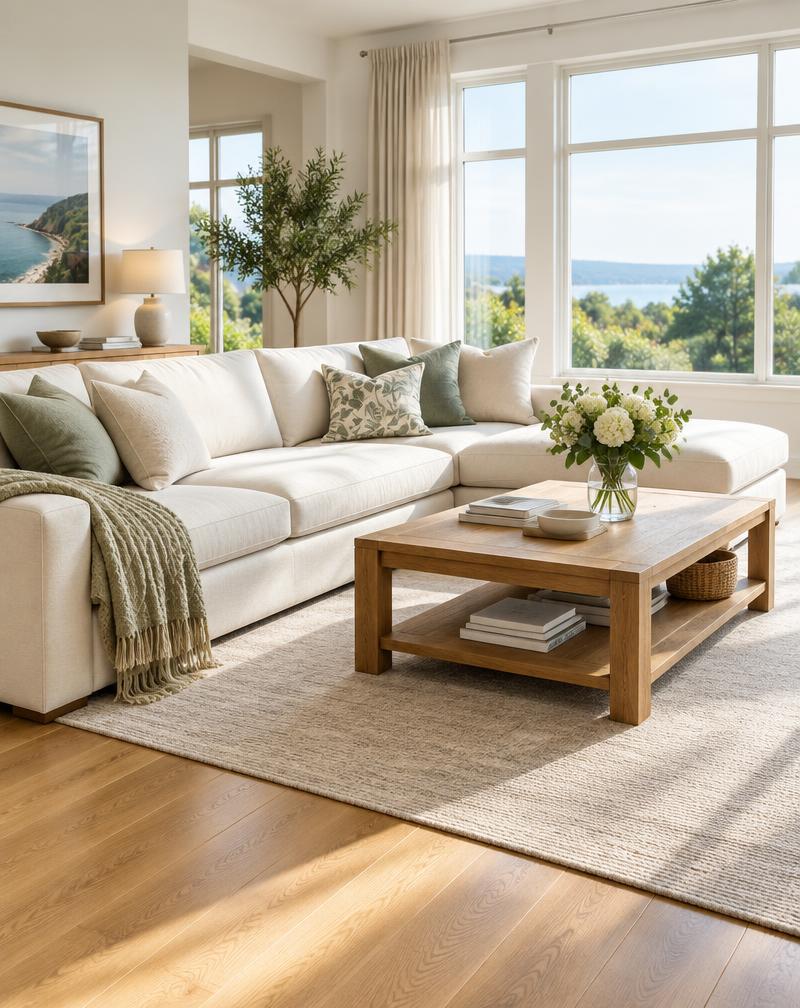 Fresh, tidy living room with a cream sofa