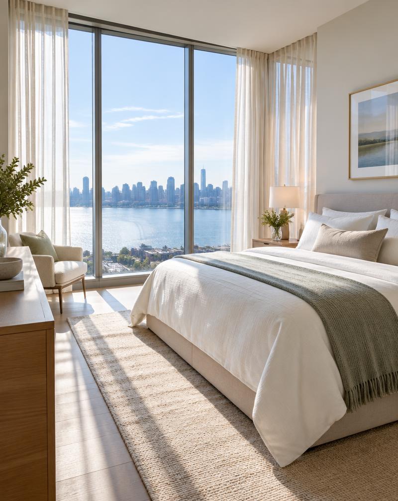 Bright bedroom with clean floor-to-ceiling windows