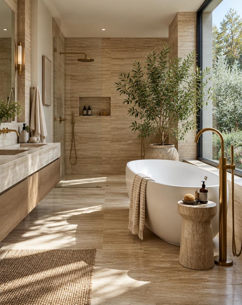 Travertine bathroom with a freestanding bath