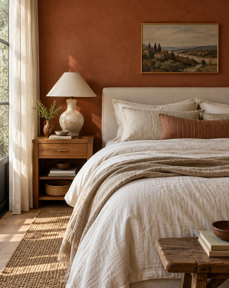 Bedroom with cream linens and a terracotta wall