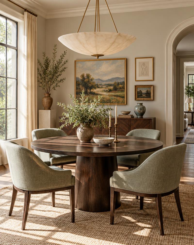 Sunlit dining room with a round wooden table