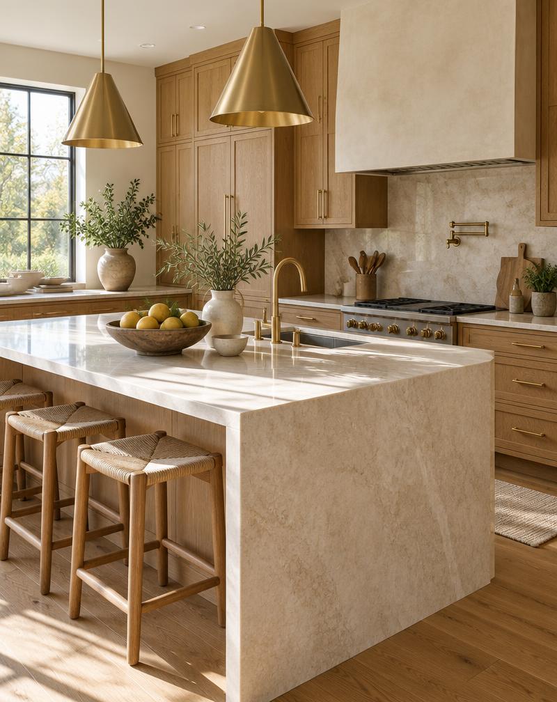 Warm wood kitchen with a stone island